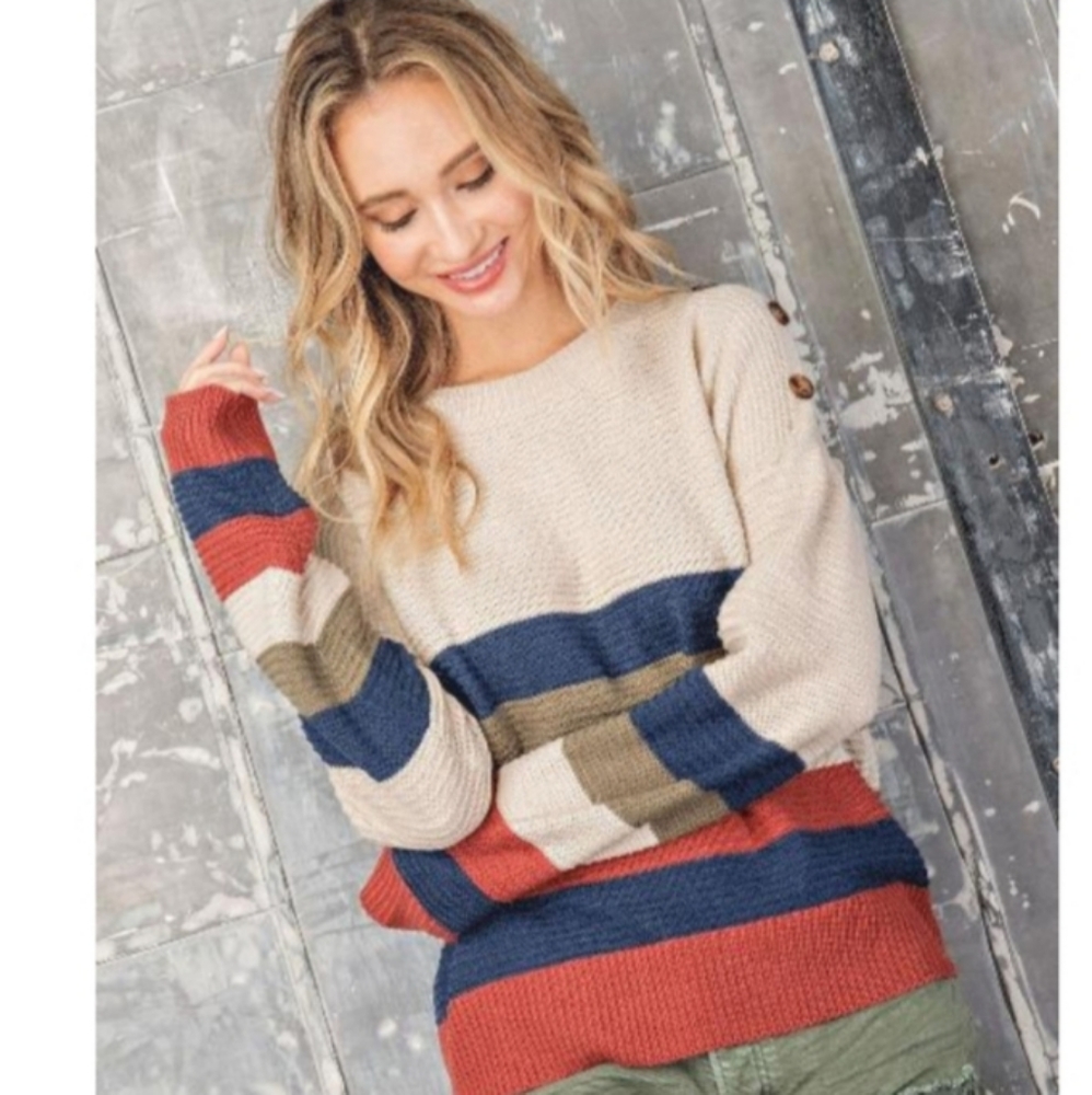 BUTTON TRIM STRIPED SWEATER